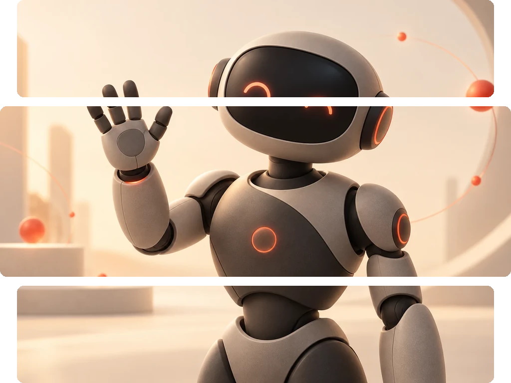 Purple 3D humanoid robot figure on a light purple background, raising its right hand as if waving.