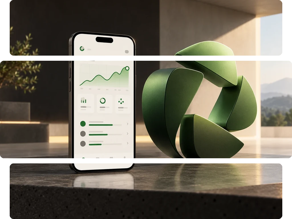 An Android smartphone displaying an app interface. Next to the phone, a large, prominent green Android logo is visible.