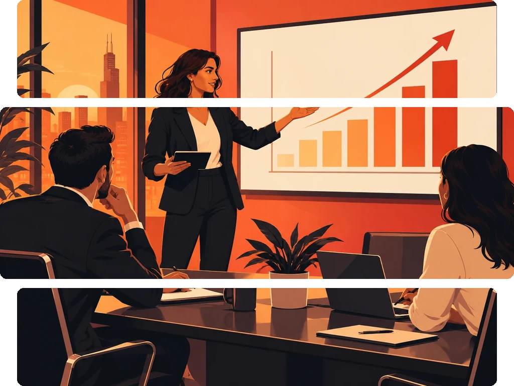 Businesswoman presenting a Q4 growth bar and line chart to two seated colleagues at a modern desk.