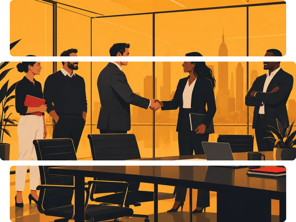 Silhouetted group in business meeting with two men shaking hands against yellow background.