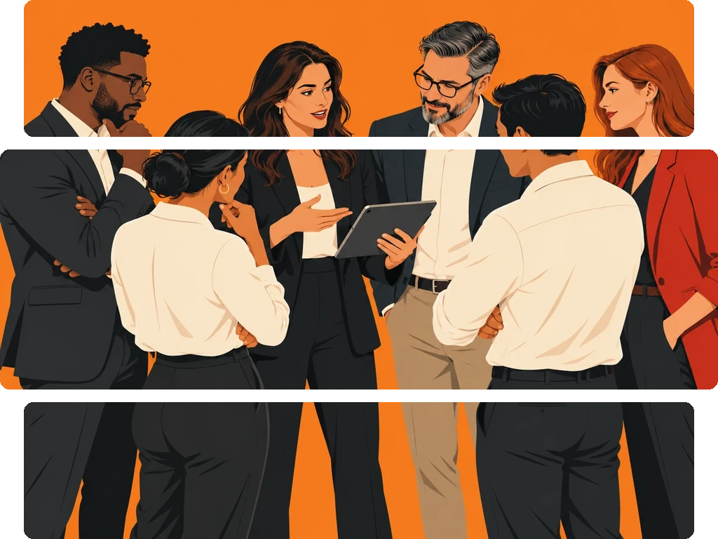 Silhouetted group of six diverse business people standing in a circle, engaged in discussion against an orange background.