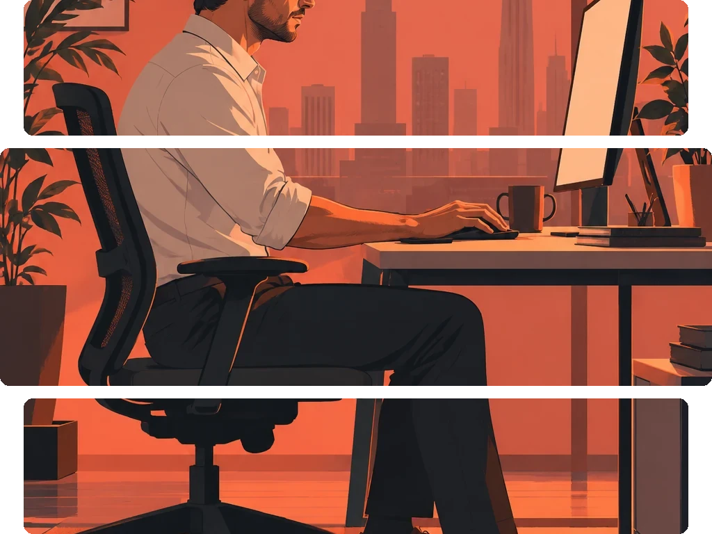 Silhouette of a man sitting at a desk using a computer with a pink background.