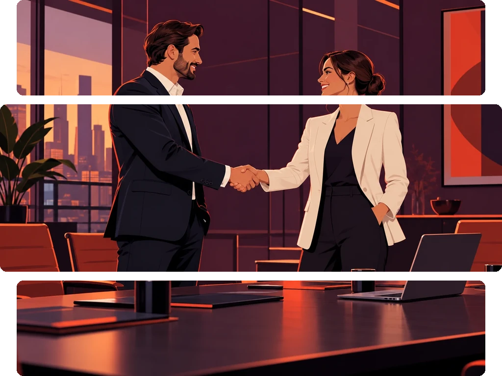 Silhouettes of a man and woman facing each other and shaking hands against a purple background.