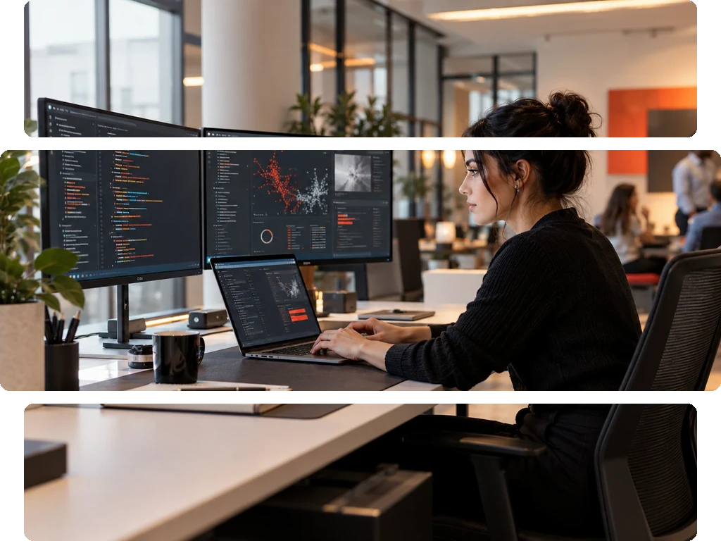 Person sitting at a desk working on coding software on a laptop with multiple monitors in a tech workspace.