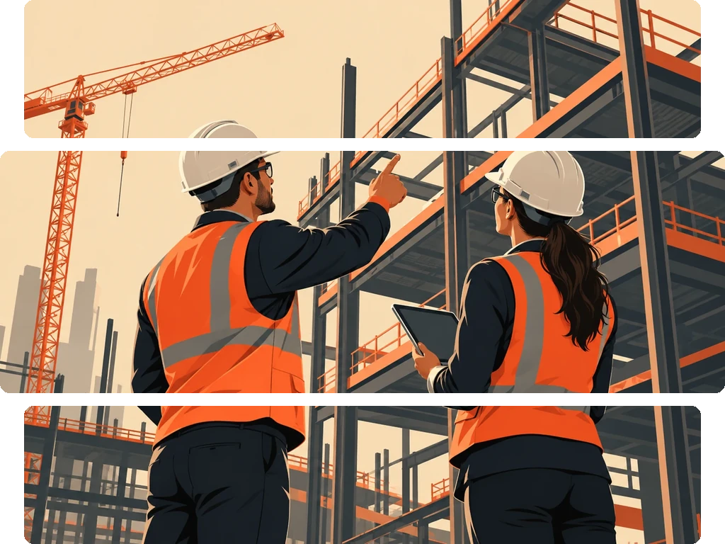 Silhouettes of two construction workers wearing helmets working on a building framework.