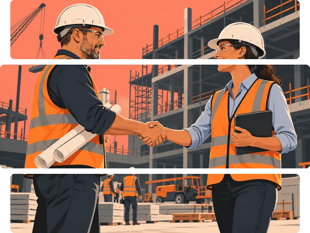 Silhouettes of two construction workers wearing helmets shaking hands against a pink background.