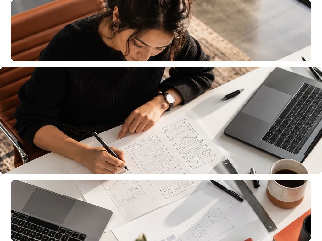 Man sketching designs by hand at a desk with two laptops, sketches, coffee, and office items.