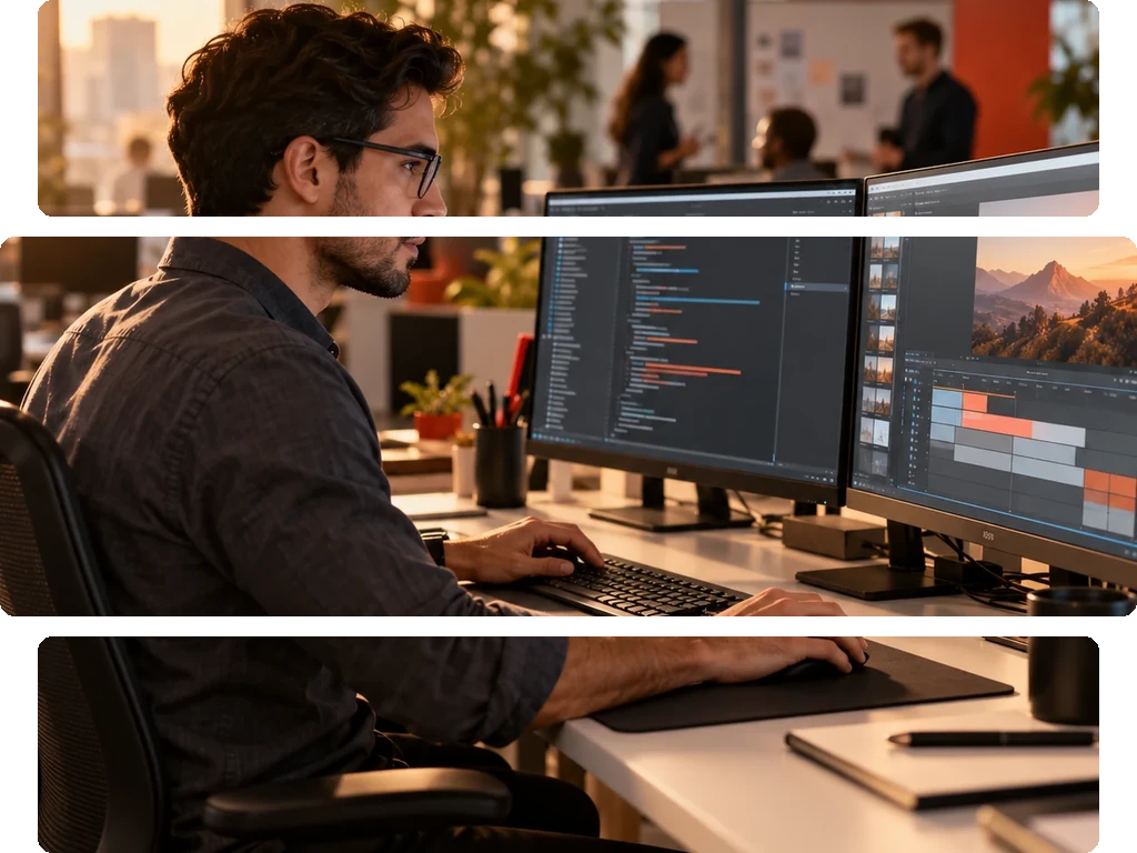 Man wearing glasses sitting at desk viewing two monitors, one showing code and the other a media app.