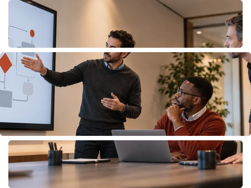 Three men in a meeting room watching a flowchart on a large screen against a yellow wall.