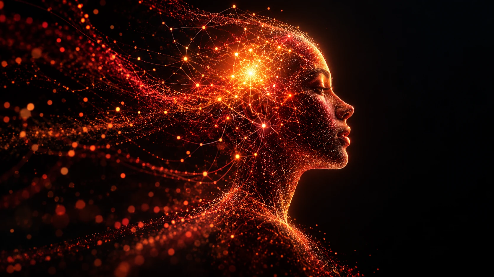 Glowing red digital profile of a human head made of particles with a bright spot in the brain area on a dark background.