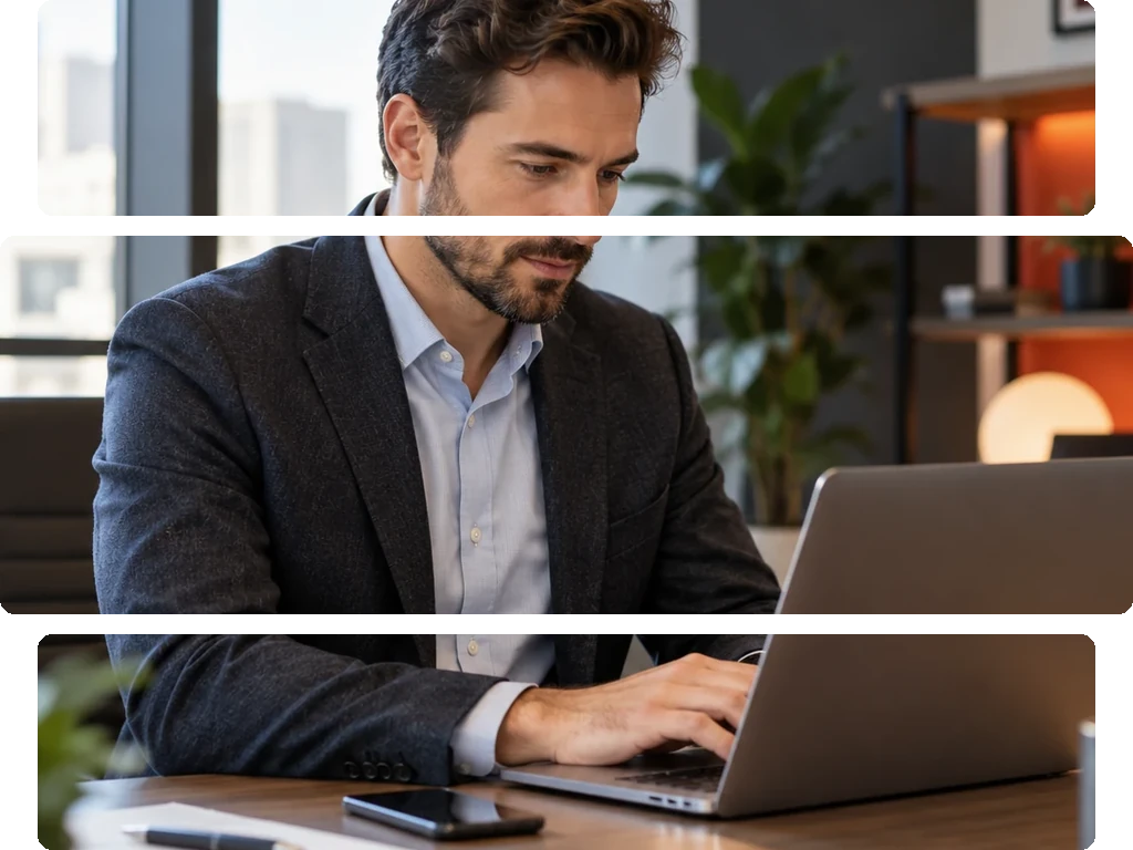 Man with curly hair and beard sitting at a desk, looking at a laptop, with smartphone on table.