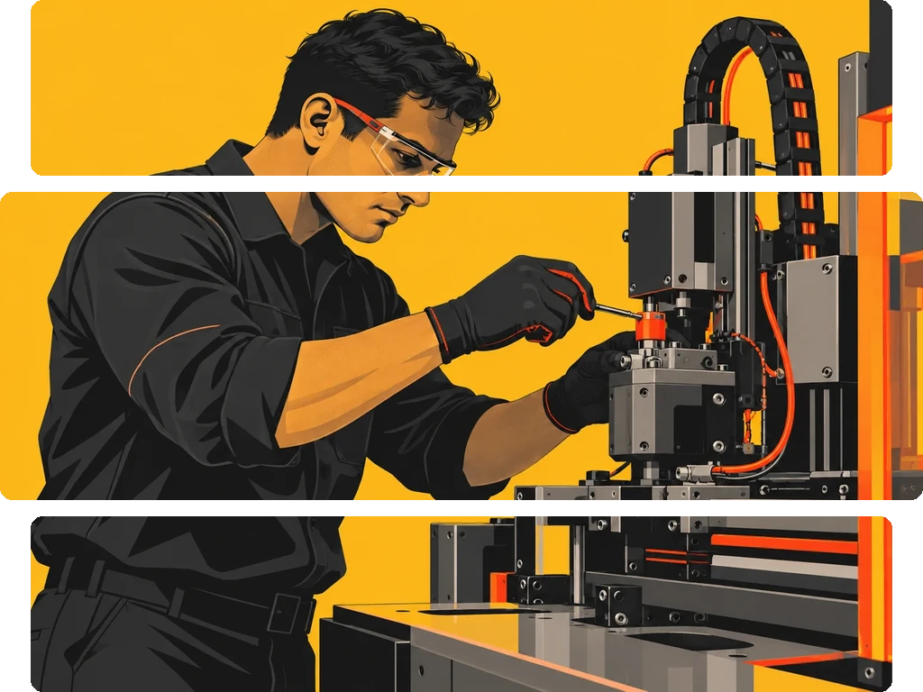 Silhouette of person adjusting a mechanical part on an industrial machine against yellow background.