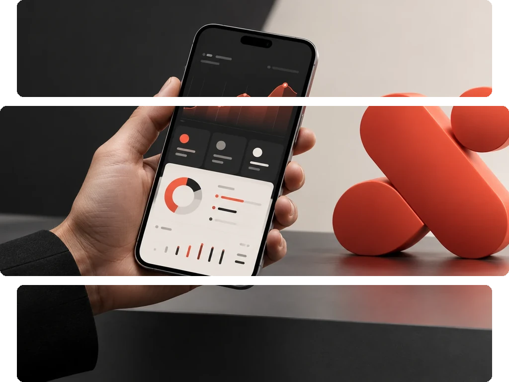 A hand holding a smartphone displaying an app interface. Below the phone, a large, prominent red App Store icon is visible.