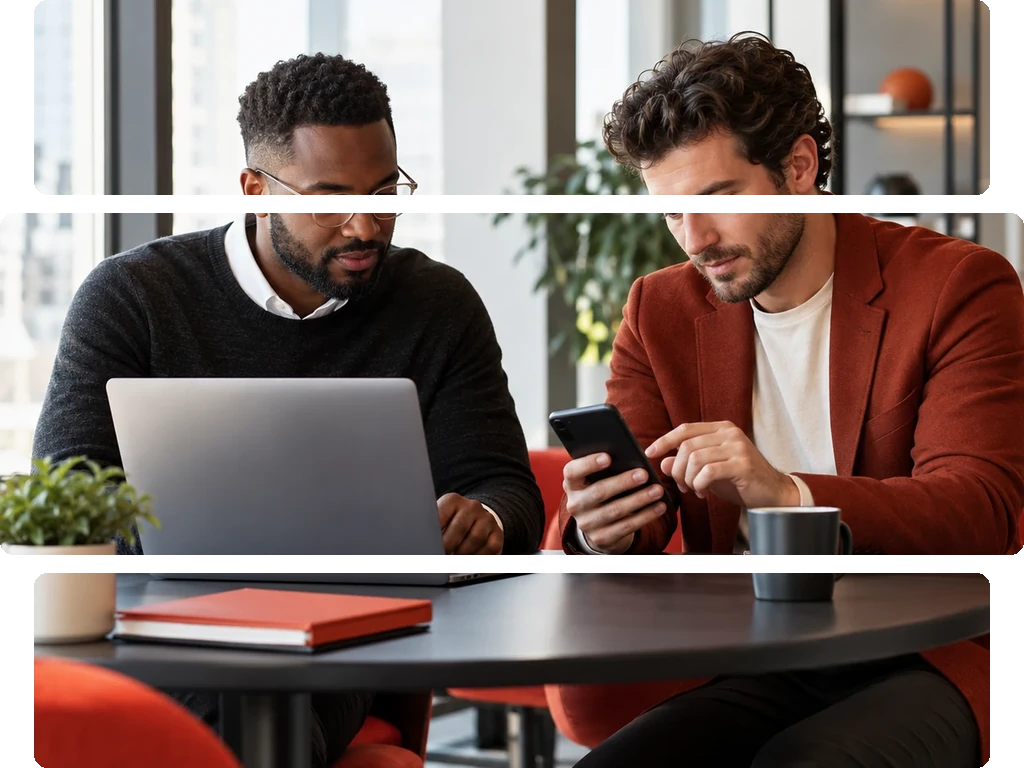 Two men at a table in an office, one working on a laptop, the other looking at a phone.