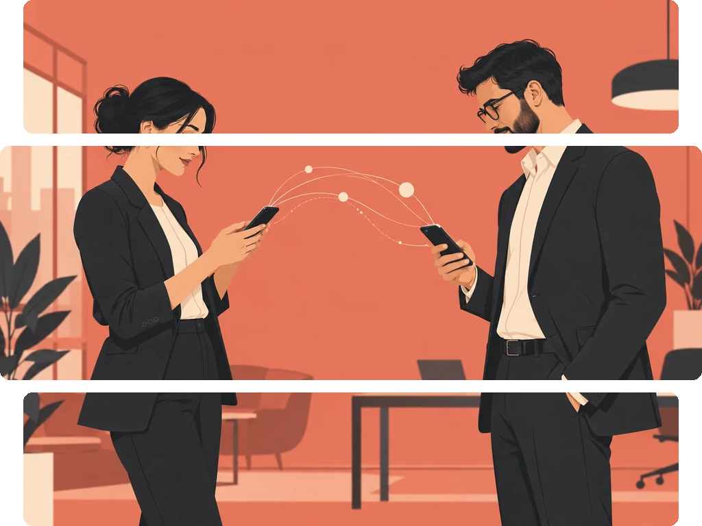 Silhouettes of a man and woman facing each other, both looking at their smartphones.