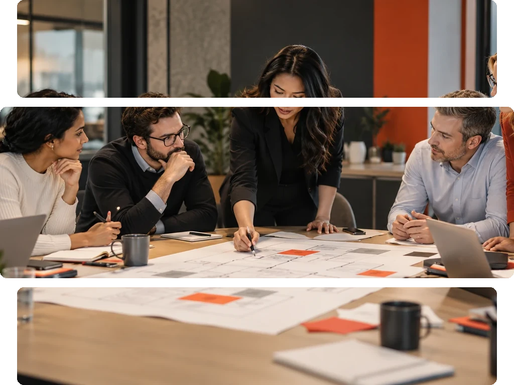 Eight men in a meeting room, one writing on large sheets on the table while others watch.