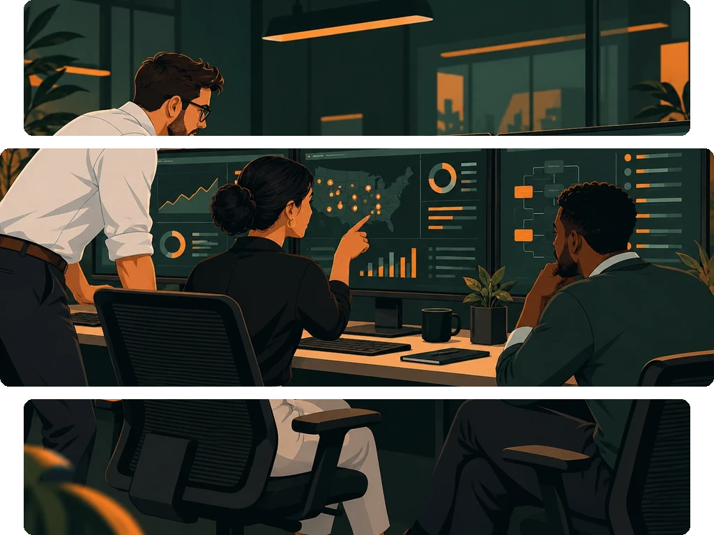 Silhouettes of three people working at a desk with three computer screens against a green background.