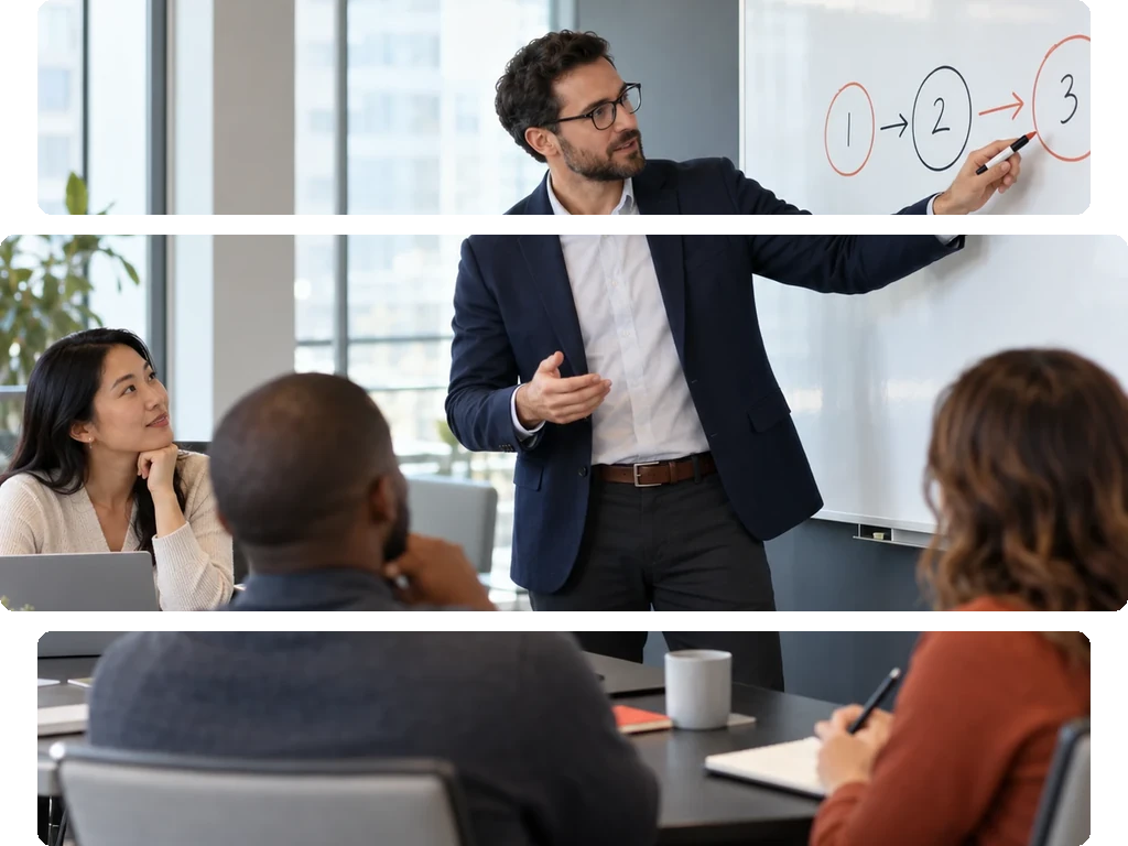 Man in glasses writing on a whiteboard with numbers 3, 4, and 5 and a simple diagram.