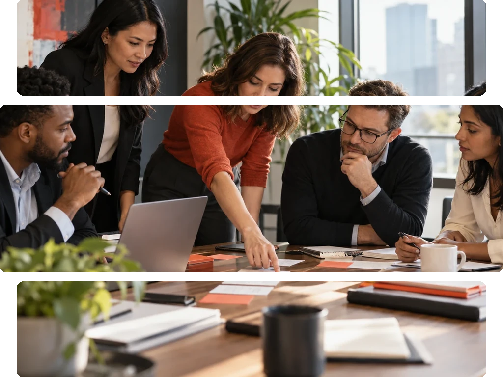 Group of five professionals in a meeting room with a laptop and sticky notes on the table.