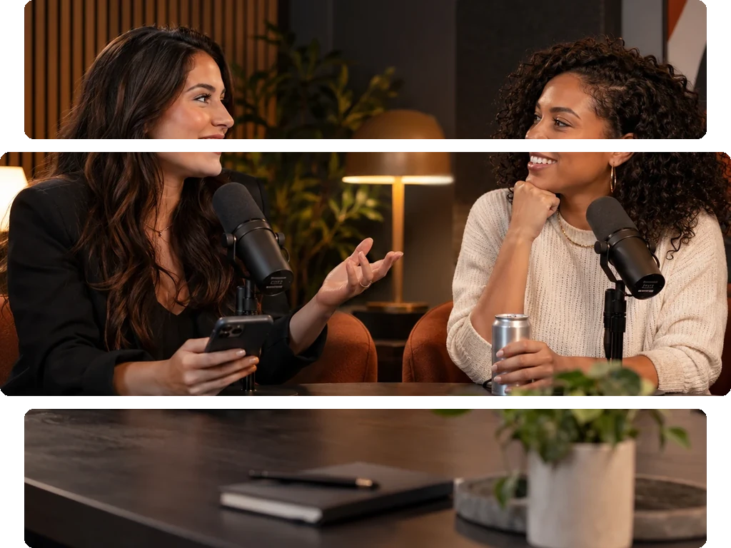 Two women in podcast studio, one with phone and black tappable bottle, the other with drink can.