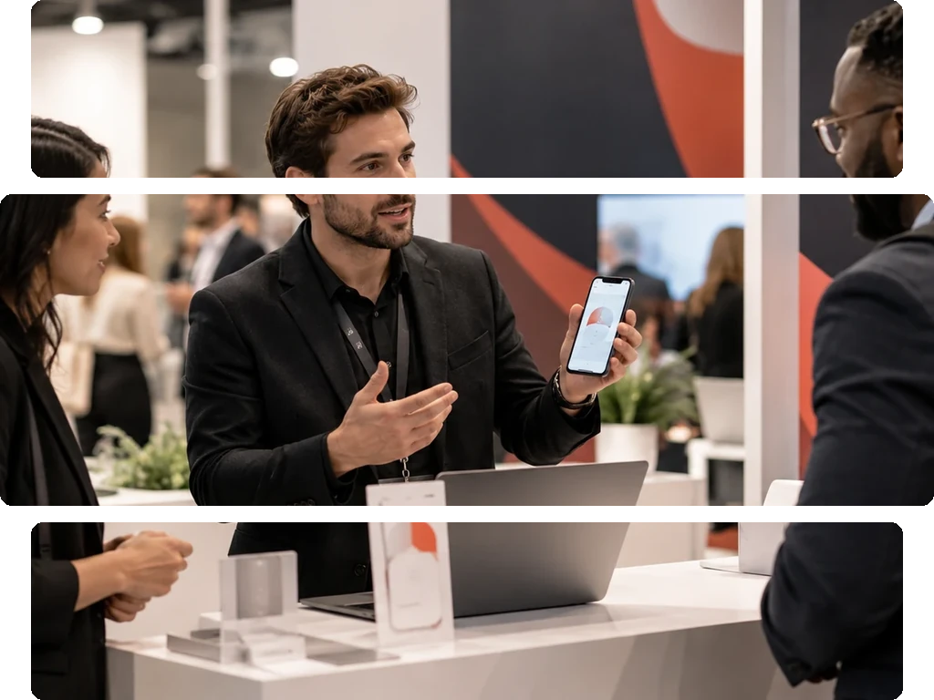 Man using a smartphone on stand at a booth with laptops, books, and promotional banners.
