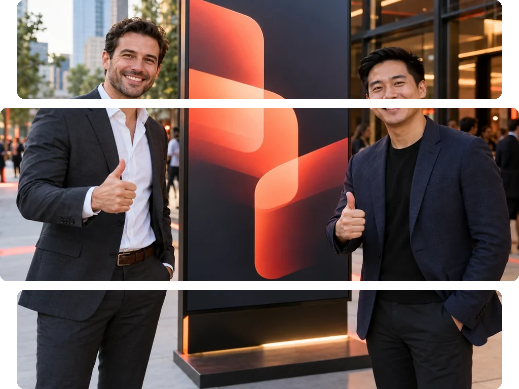 Two men smiling and posing with thumbs up in front of a Linkup app billboard on a city street.