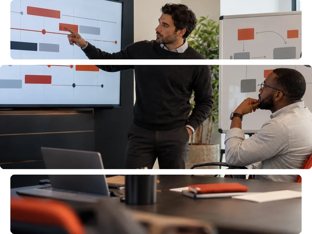 Meeting room with two men discussing a TeleNICU pilot roadmap on a screen and notes on a whiteboard.