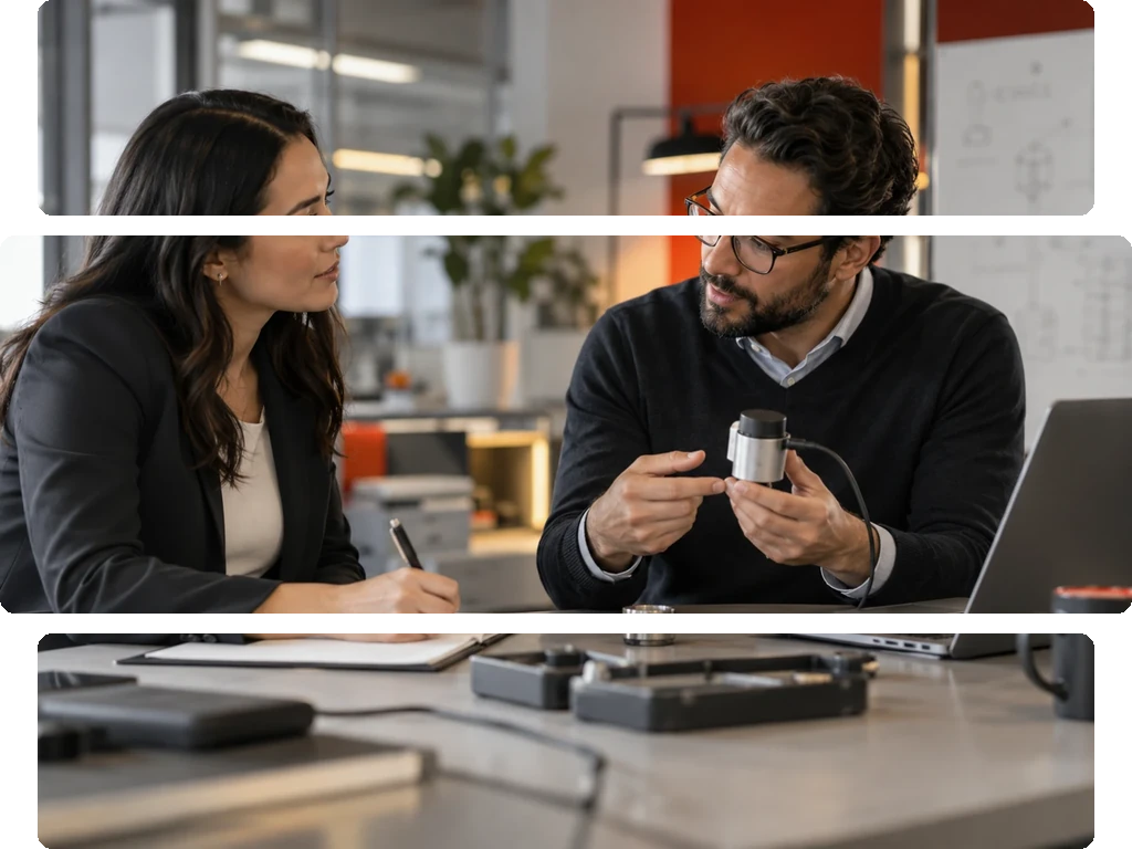 Two professionals sitting across a desk, one writing and the other facing them in an office with a laptop and microscope.