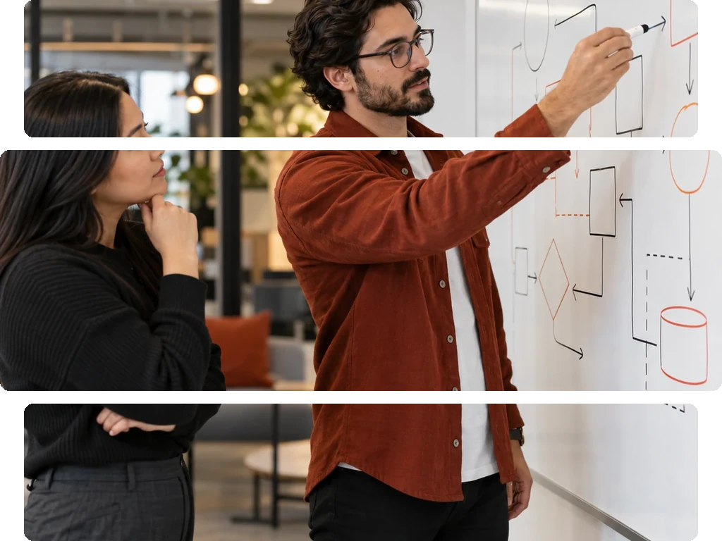 Man in yellow shirt writing on a whiteboard with notes about CMS, SMP, and API consumers.