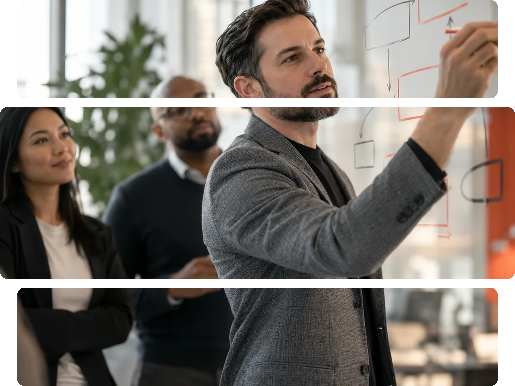 Bearded man in gray hoodie writing on a whiteboard filled with handwritten notes and diagrams.