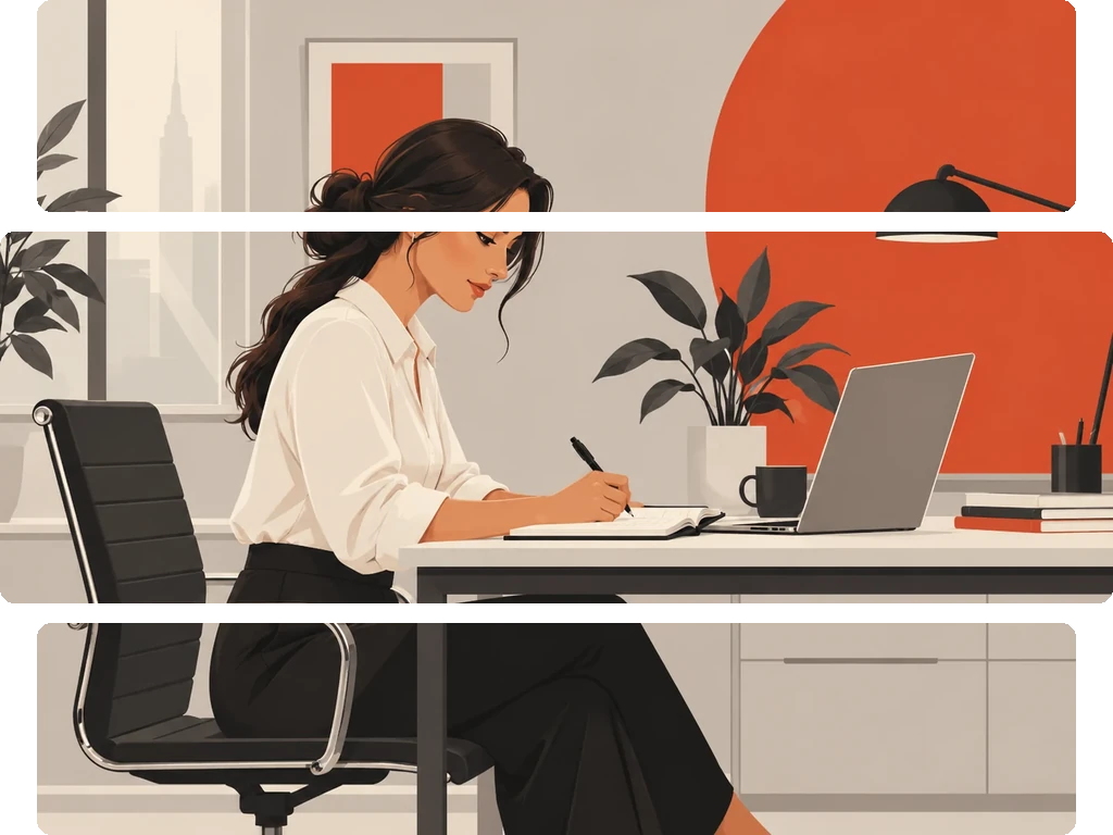 Silhouette of a woman sitting at a table, writing on a notepad next to an open laptop in a minimalist room.